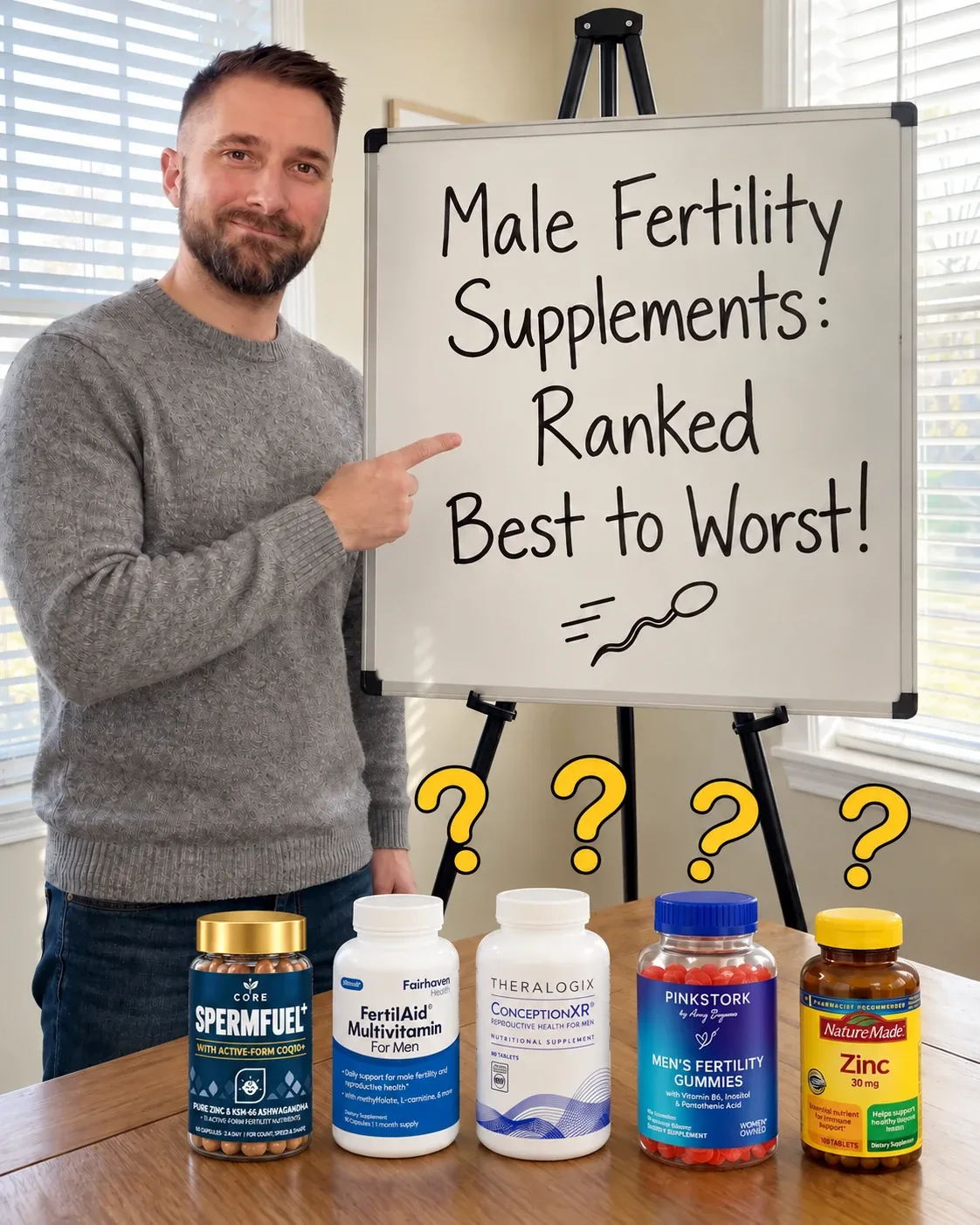 Male fertility supplements ranked best to worst on a whiteboard